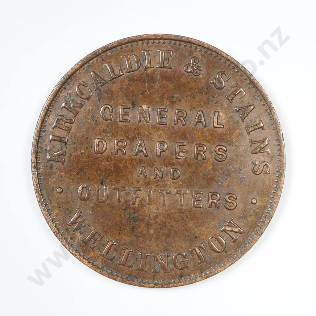 NZ 1874 Krikcaldie & Stains Penny Token Image 1++