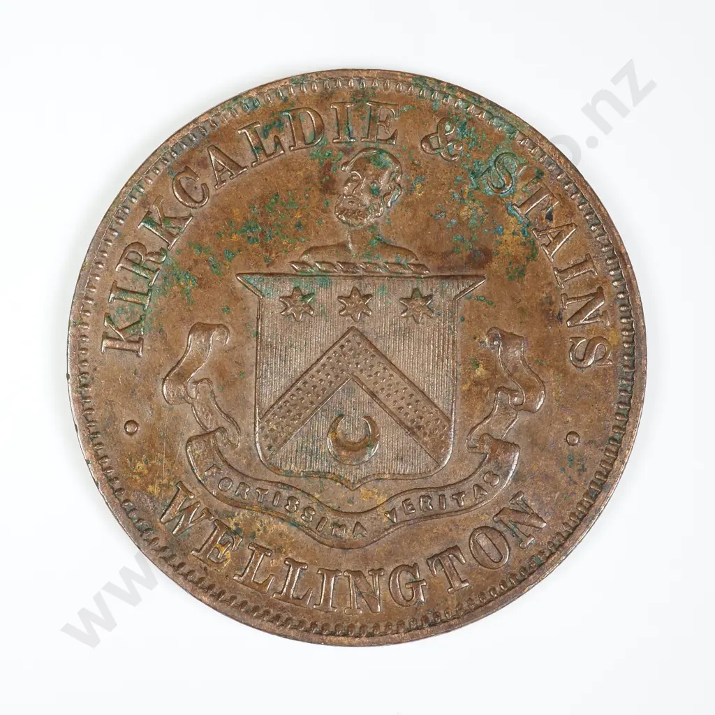 NZ 1874 Krikcaldie & Stains Penny Token Image 1++