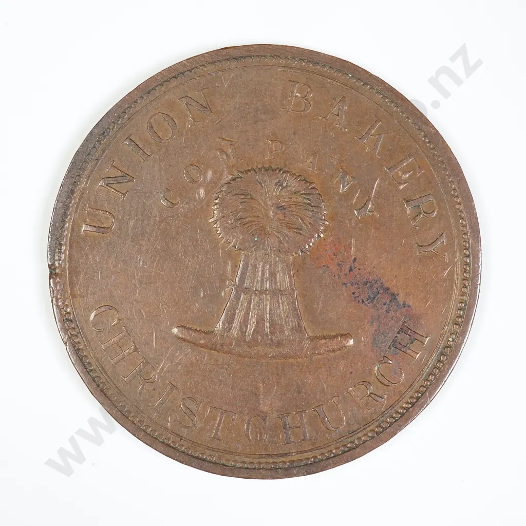 NZ 1870's Union Bakery Penny Token - Christchurch Image 1++