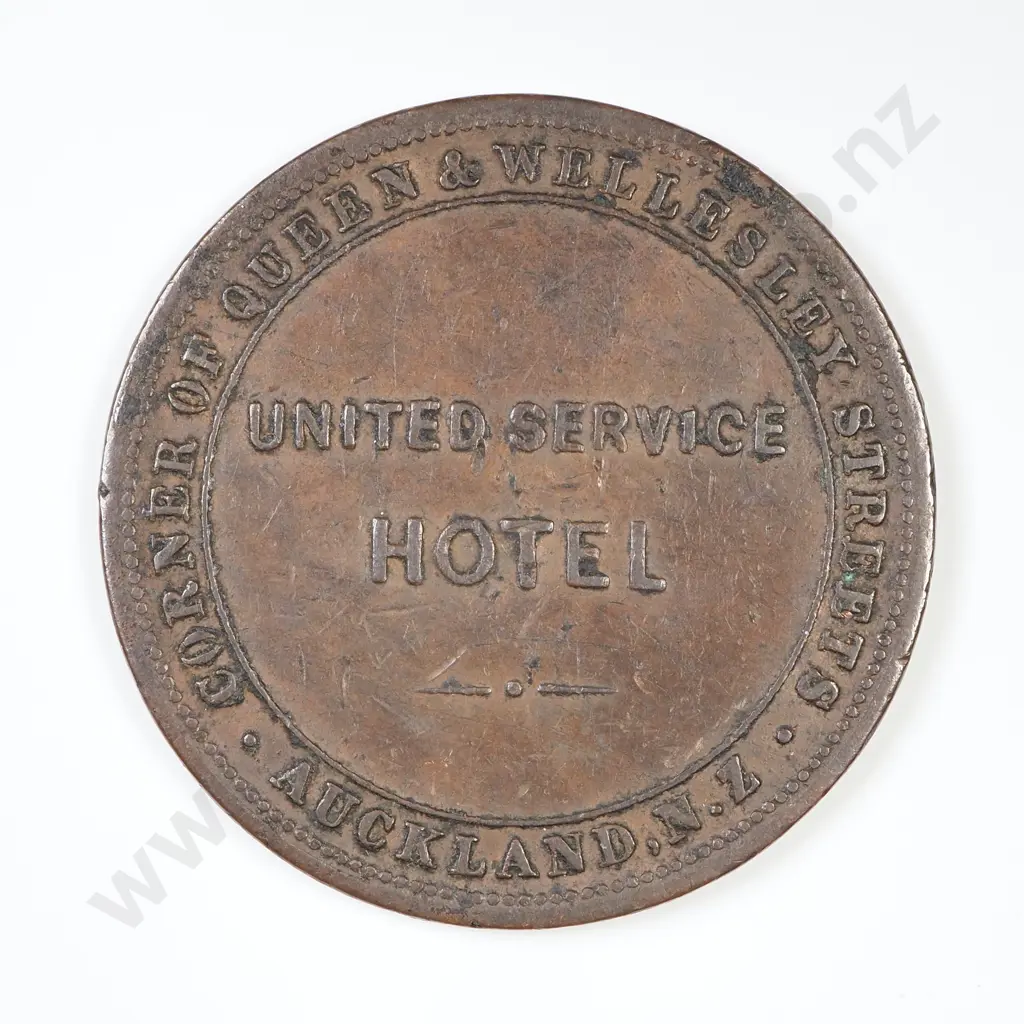NZ 1874 United Services Hotel Penny Token Image 1++