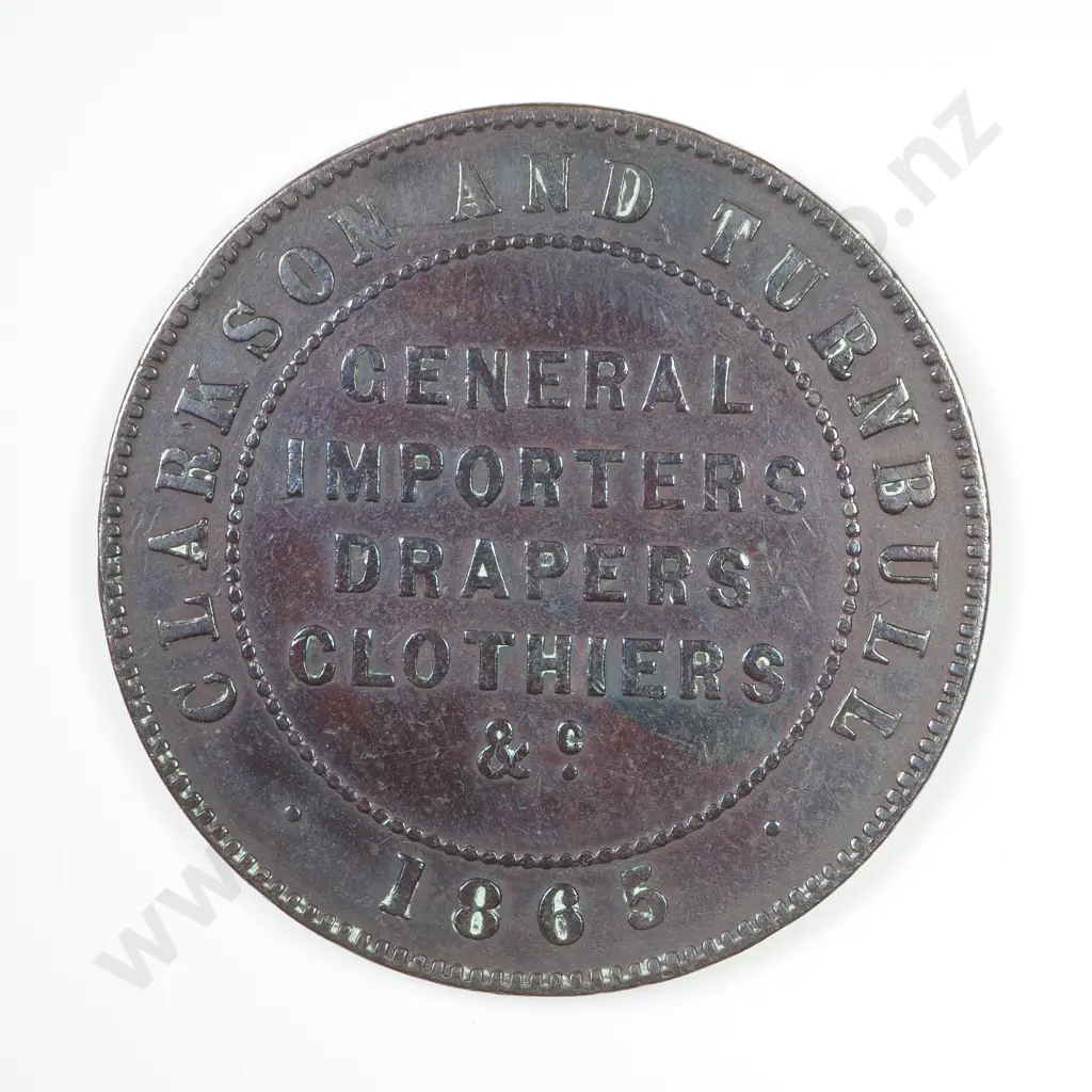 NZ 1865 Clarkson's Turnbull Penny Token Image 1++