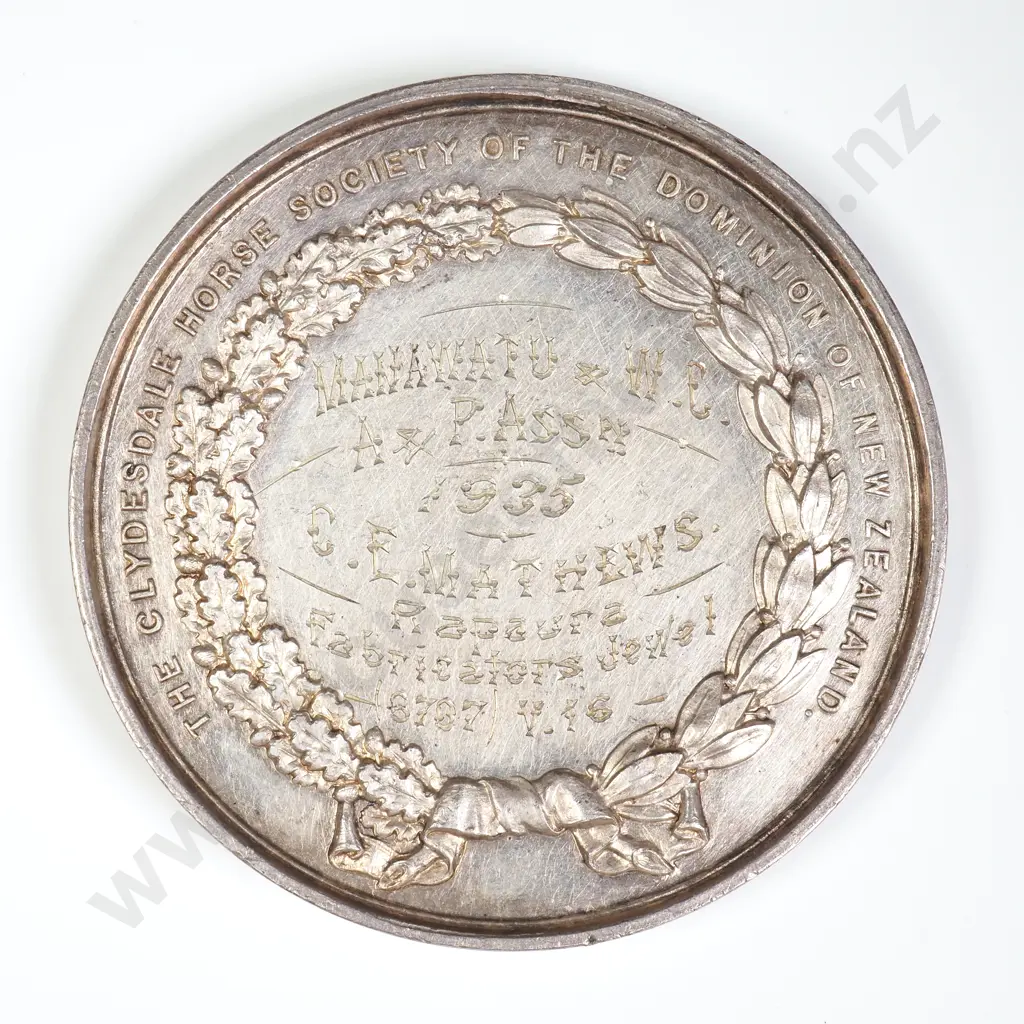 NZ 1935 Clydesdale Horse Society Manawatu GWC A&P Association Silver Medal Image 1++