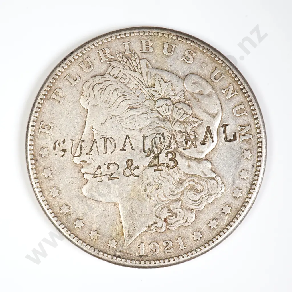 USA 1921 S Morgan Dollar - Counter stamped 'Guadalcanal 42 & 43' Image 1++