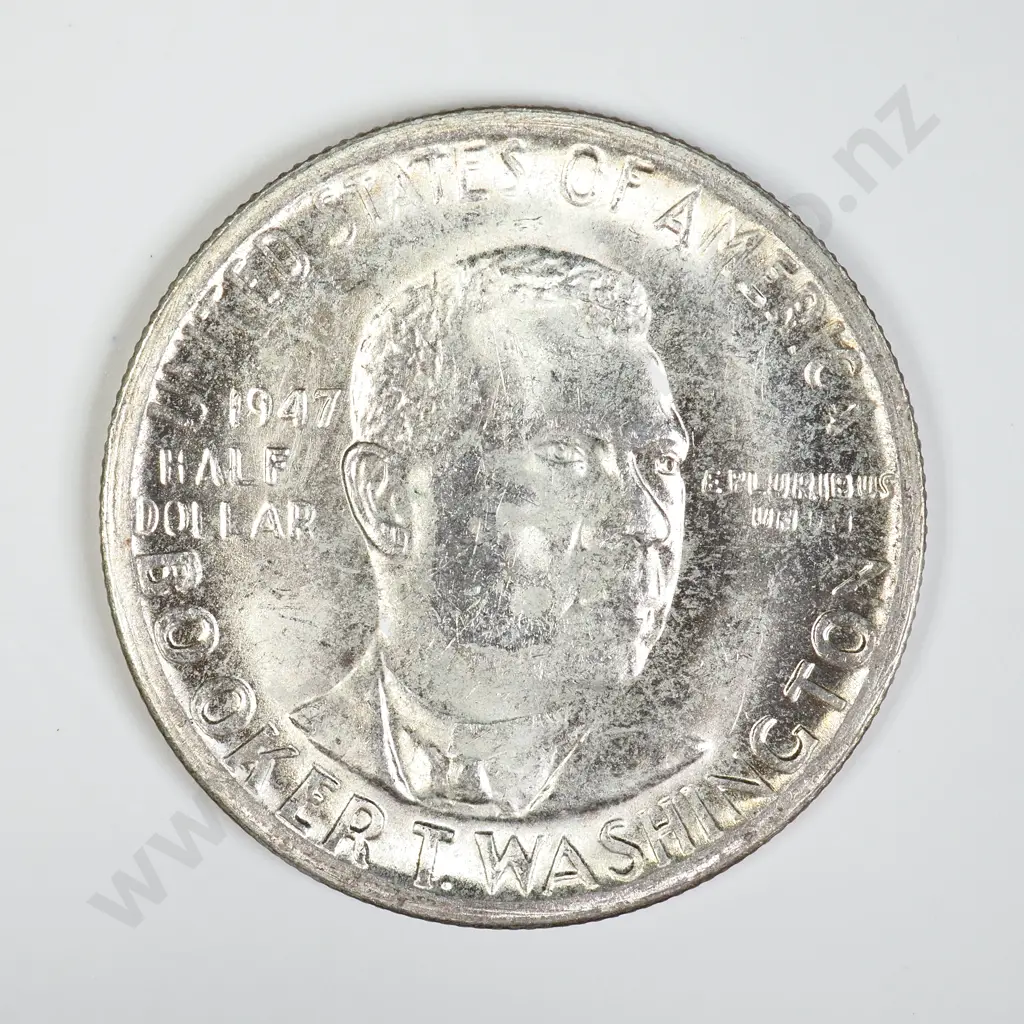 U.S.A. 1947 Commemorative Silver 1/2 Dollar: Booker T Washington Image 1++
