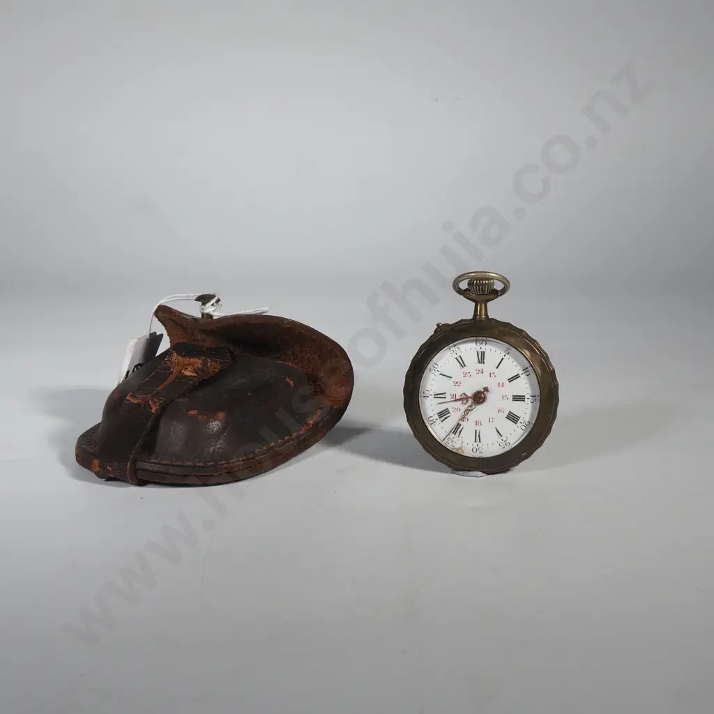 Ornate Antique Half Hunter Pocket Watch w Porcelain Dial In Leather Carrying Case Image 1++