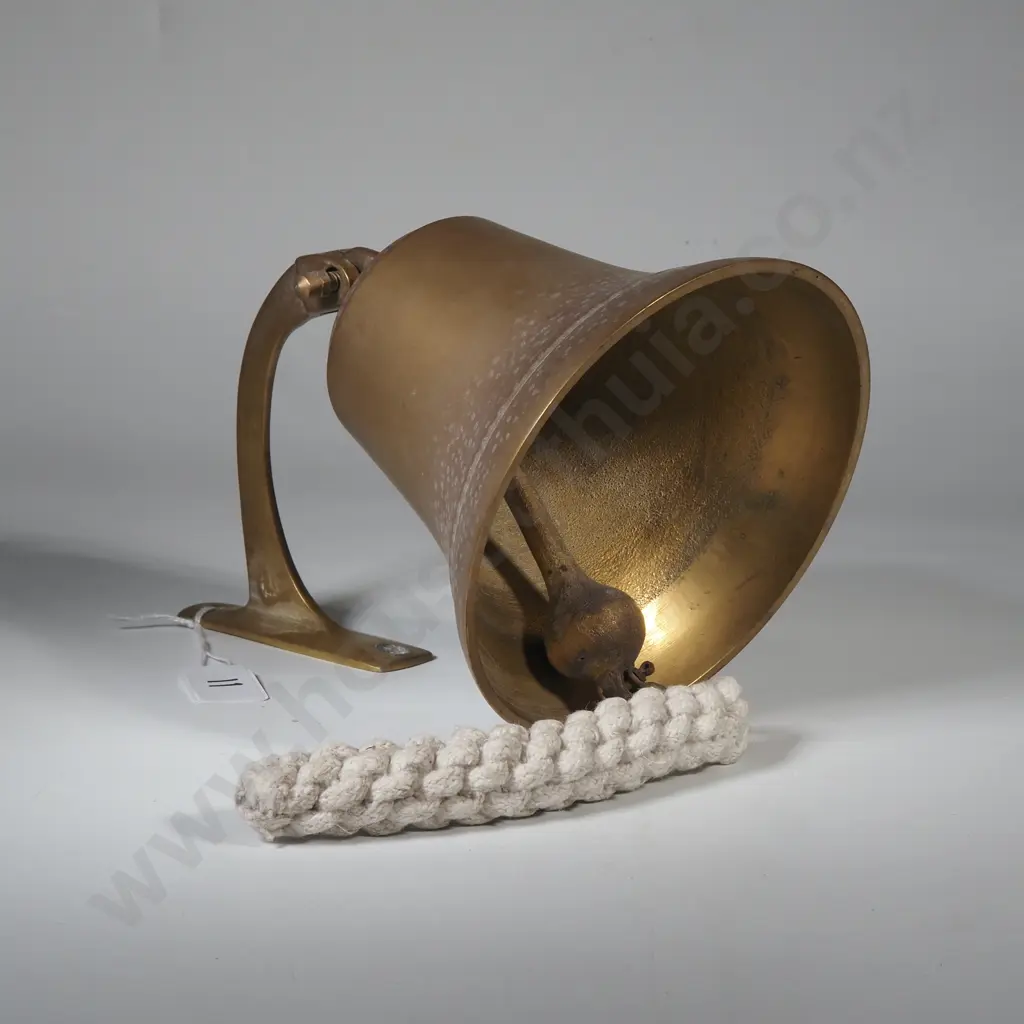Vintage Brass Nautical Ship's Bell w Flared Skirt Bell & White Rope Pull Image 1++
