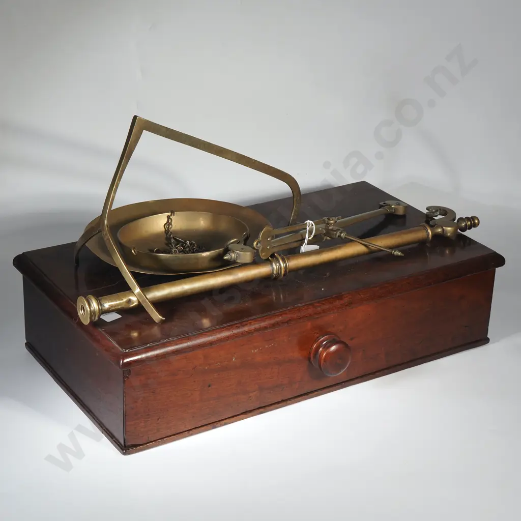 Victorian Brass Balance Beam Scale on a Mahogany Timber Base w Brass Centre Column w Hook Pan & Chained Suspension Pan Image 1++