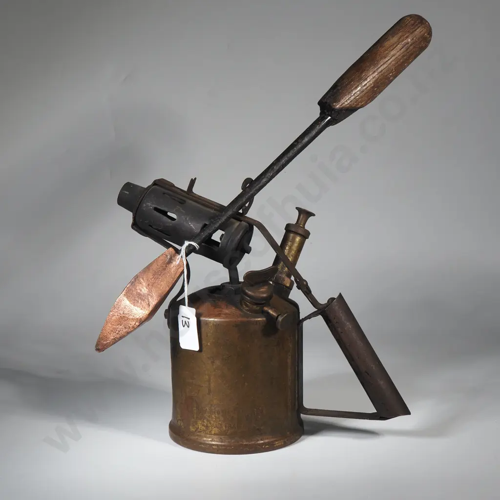 Vintage Brass Blowtorch w Attached Copper Soldering Iron Attached to Torch Nozzle, For Plumbing Or Soldering Image 1++