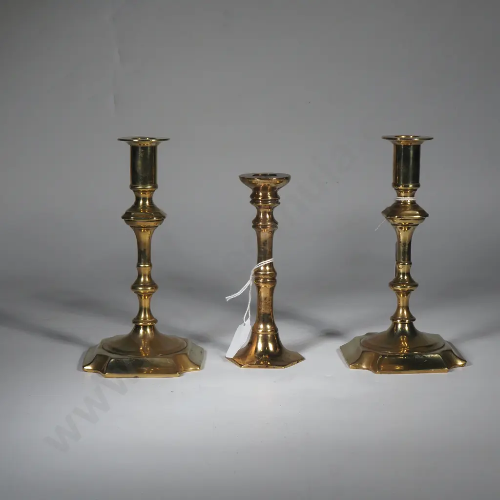 Pair of Brass Candlesticks & a Single Brass Candlestick Image 1++