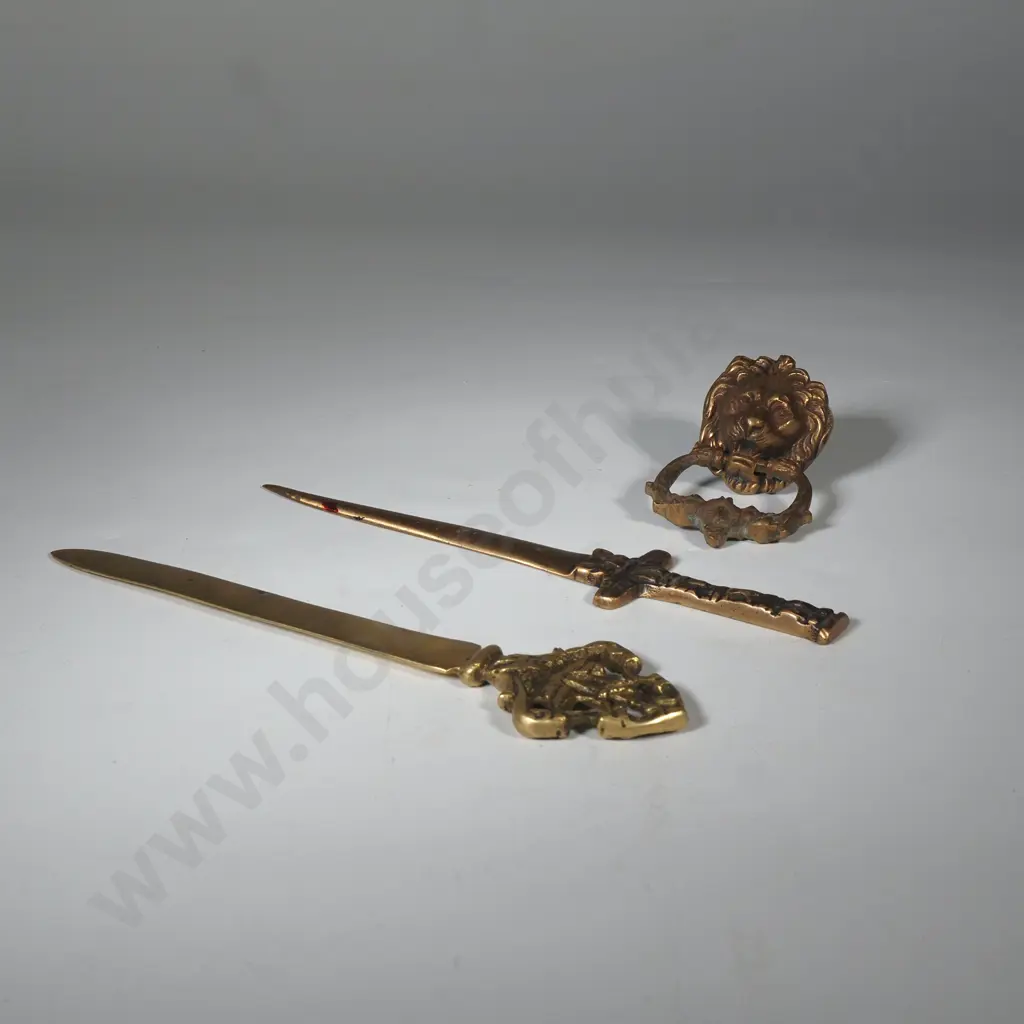 Two Brass Letter Openers & Lion Head Drawer Pull Image 1++
