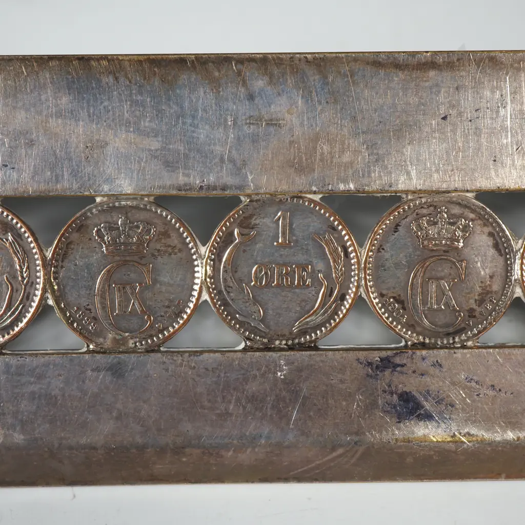 Silver Toned Ruler Containing a Row of Fifteen Coins & Engraved 'Den 2. April 1905 Image 1++
