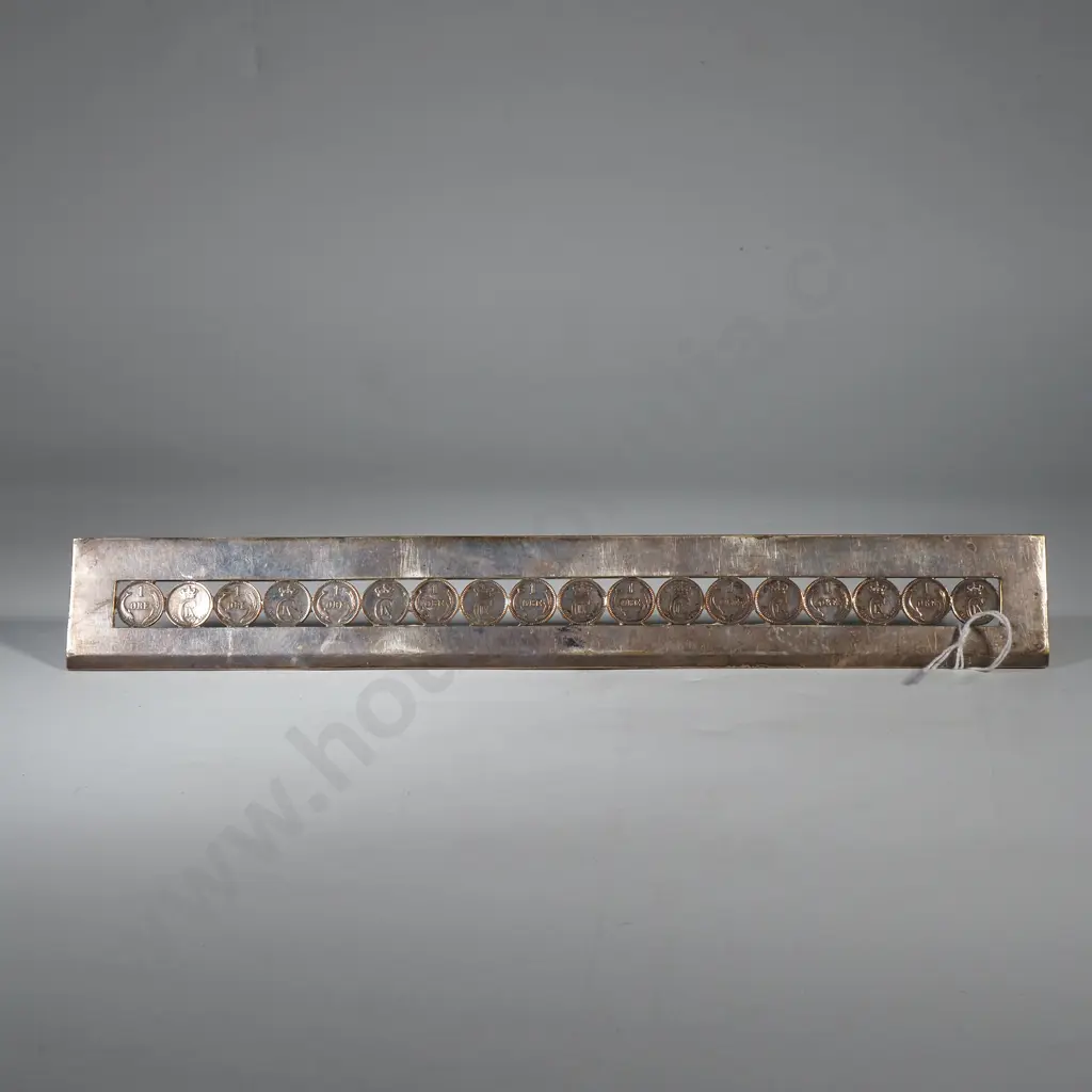 Silver Toned Ruler Containing a Row of Fifteen Coins & Engraved 'Den 2. April 1905 Image 1++