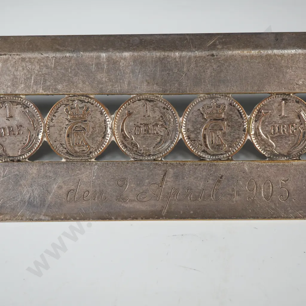 Silver Toned Ruler Containing a Row of Fifteen Coins & Engraved 'Den 2. April 1905 Image 1++