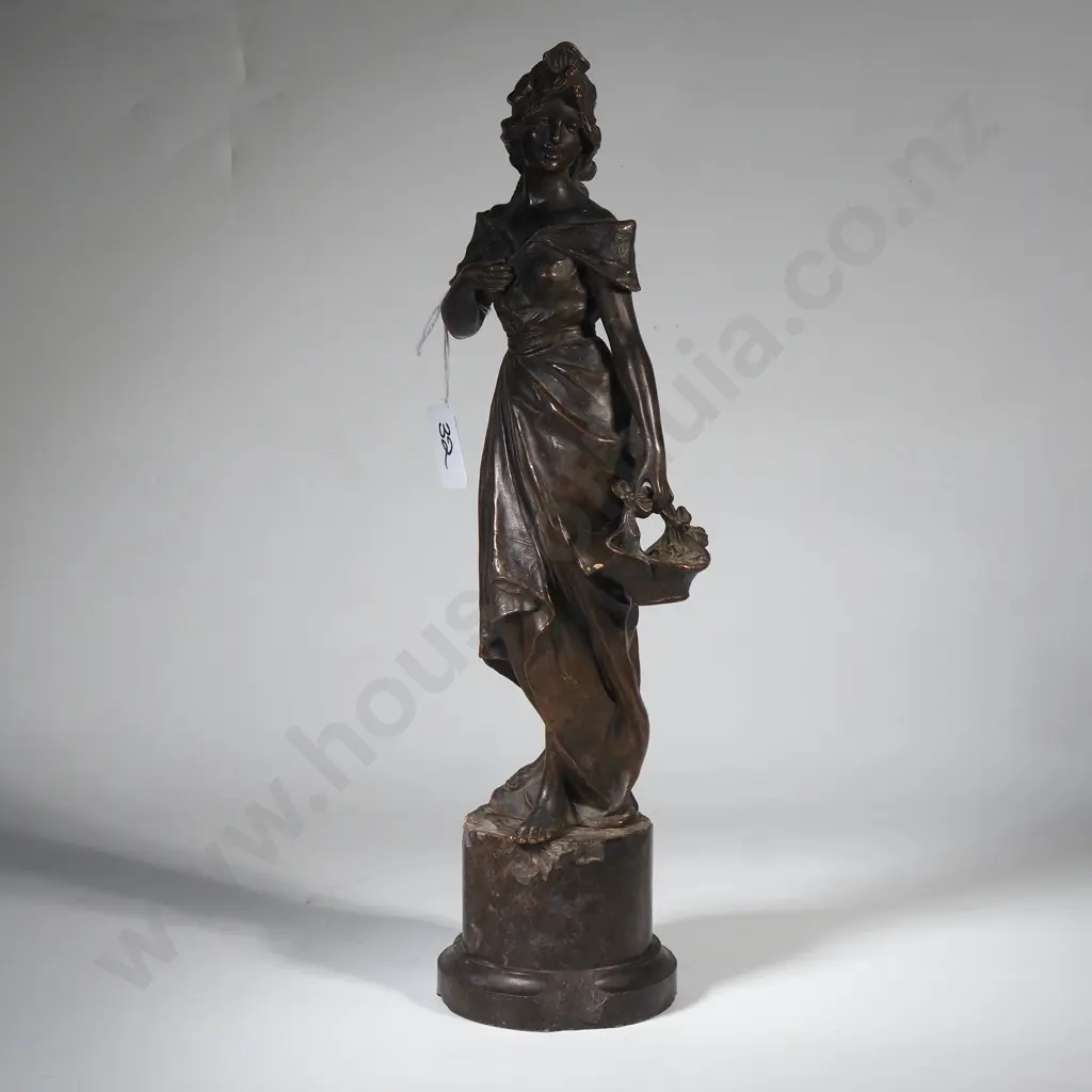 Antique Bronze Figure in the Manner of Auguste Moreau Depicting A Young Female Holding a Basket on a Marble Socle Image 1++