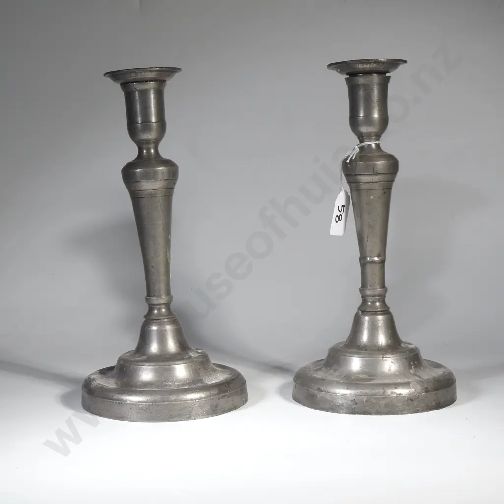 Pair of Vintage Pewter Baluster Shaped Candlestick w Circular Bases Image 1++