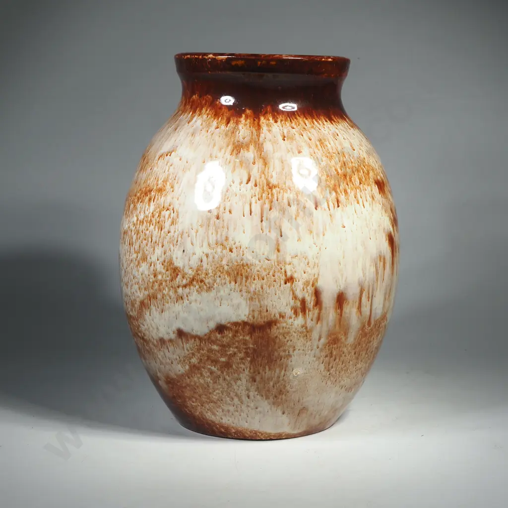 Large Bulbous Pottery  Vase w Cream & Brown Drip Glaze, Makers Mark to Base of Vase w Profile Head of a Female Image 1++
