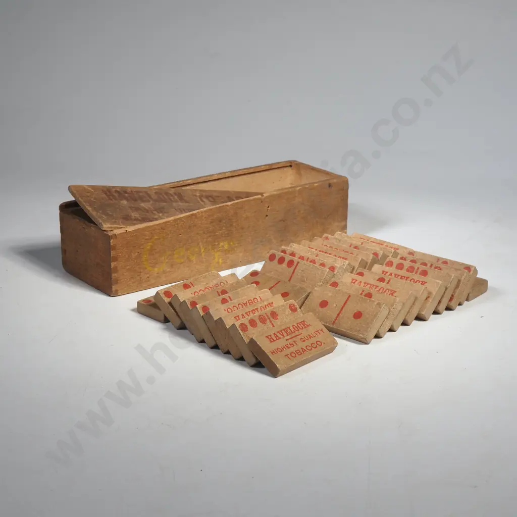 Vintage Wooden Box Containing Advertising Dominos for Havelock, a Tobacco Company Image 1++