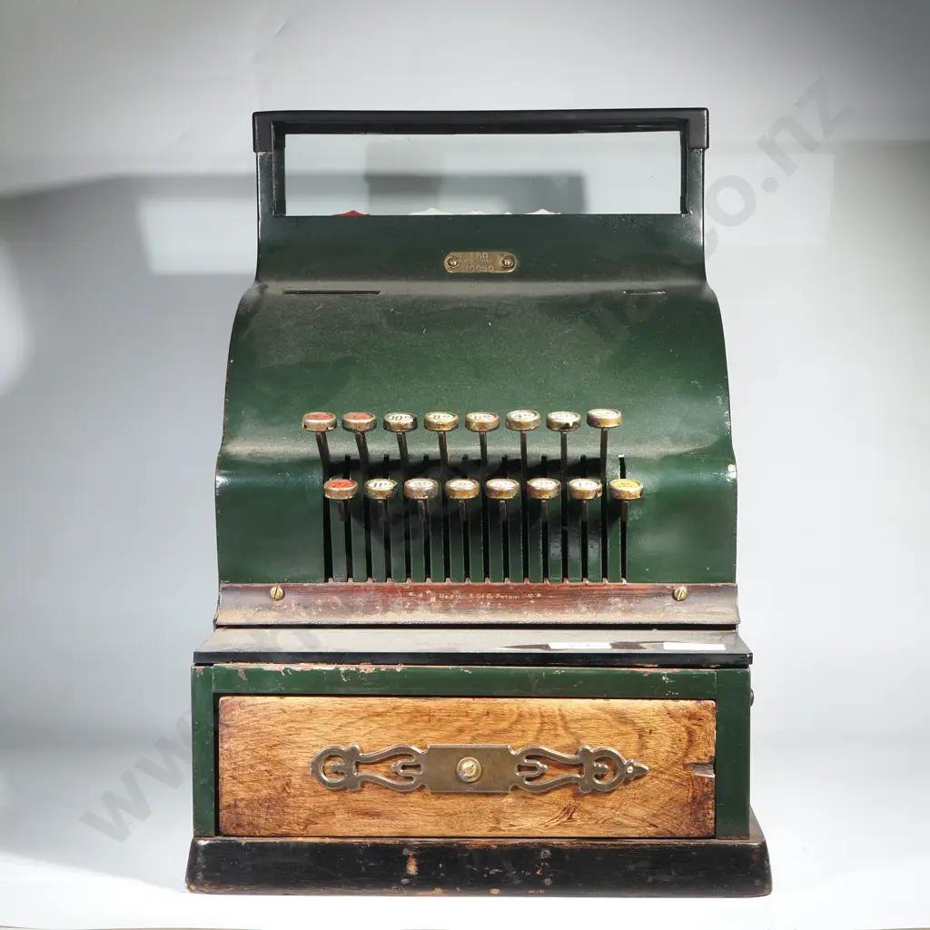 Vintage Green Metal Cash Register w Glass Display Window  & Wooden Cash Drawer Image 1++