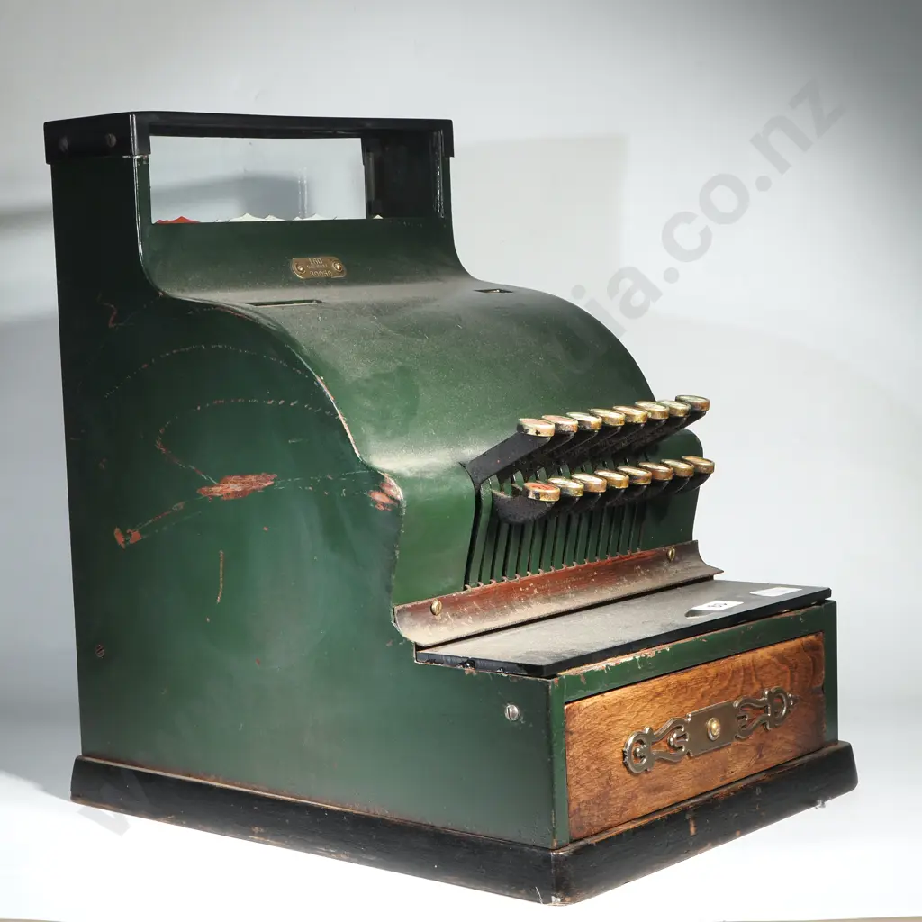 Vintage Green Metal Cash Register w Glass Display Window  & Wooden Cash Drawer Image 1++