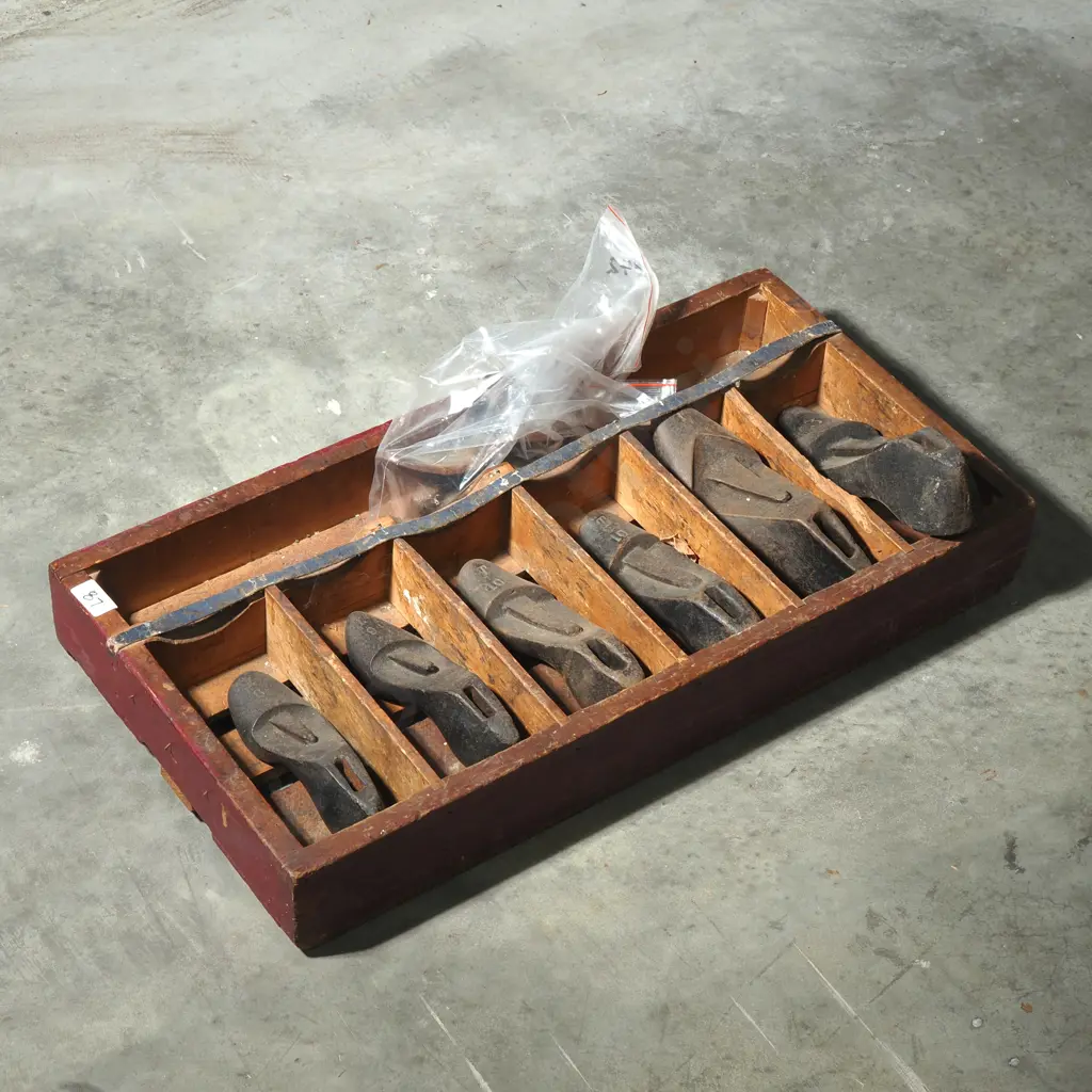 Graduated Set of Six  Vintage Steel Shoe Lasts Housed in a Specially Made Wooden box Image 1++
