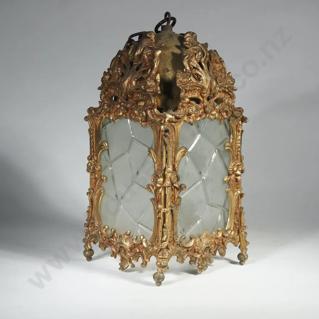 Louis XV Style Brass Hanging Lantern w Ornate, Scrolled Cast Brass Details Image 1++