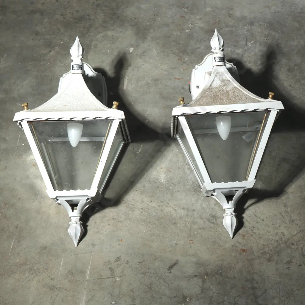 Pair of Vintage Coach Style White Outdoor Lantern Lights w Ornate Wall Brackets & Textured Glass Panels Image 1++