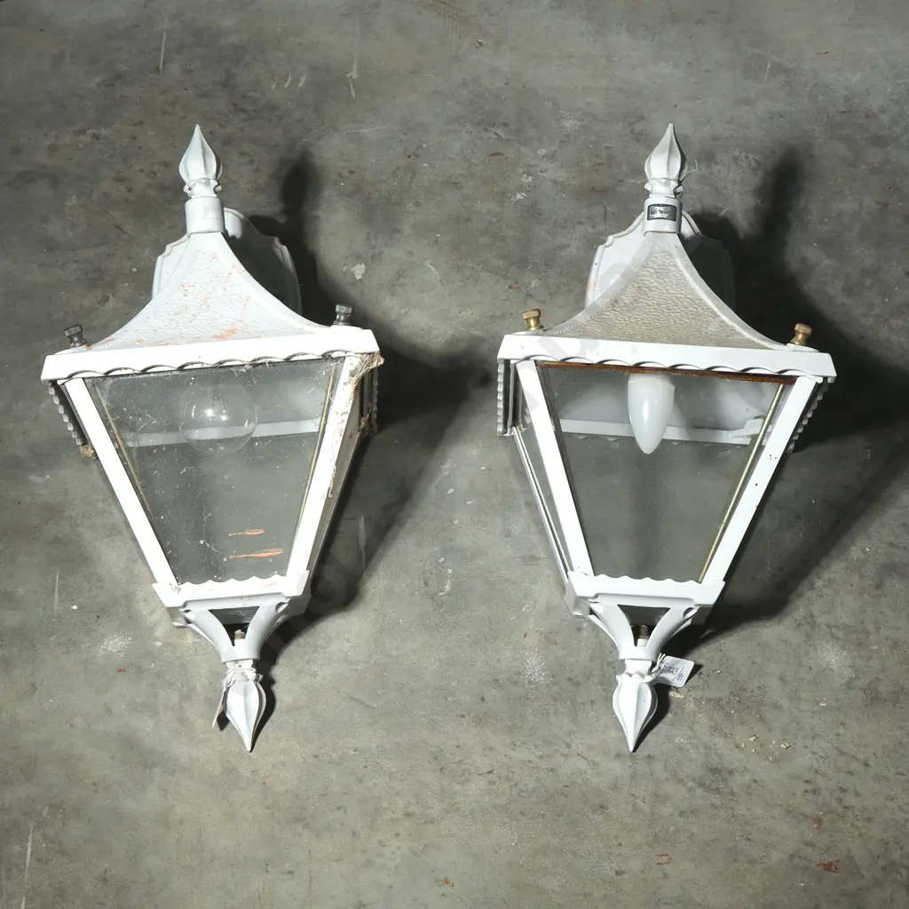Pair of Vintage Coach Style  White Outdoor Lantern Lights w Ornate Wall Brackets & Textured Glass Panels Image 1++