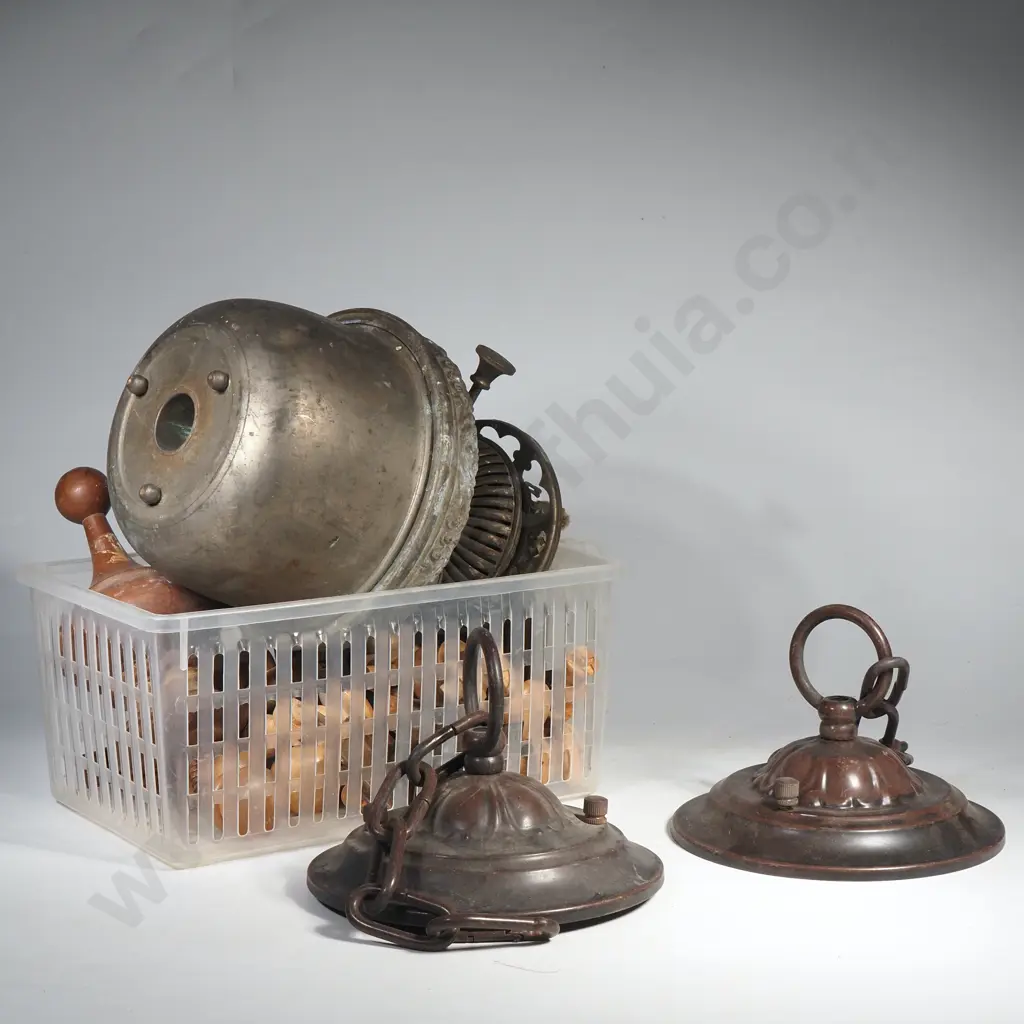 Two Vintage Hanging Ceiling Light Fixtures, Door Locks, Wooden Knobs & Spindles & Part of a Kerosene Lamp Image 1++