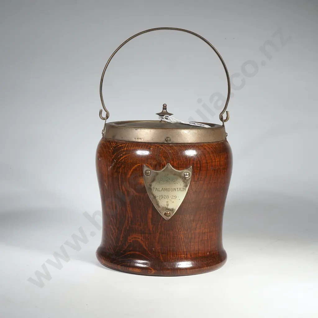 Antique Oak  Wooden Biscuit Barrel w Silver Plated Fittings Image 1++