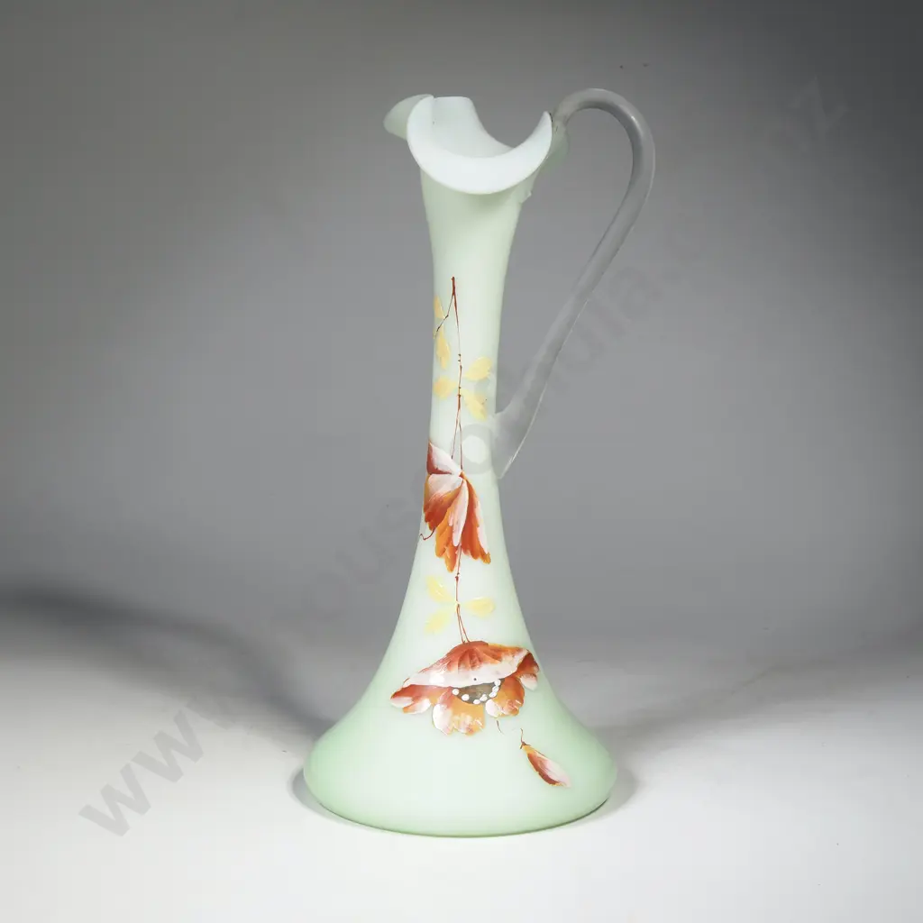Victorian Uranium Glass Ewer w Hand Enameled Detail Image 1++