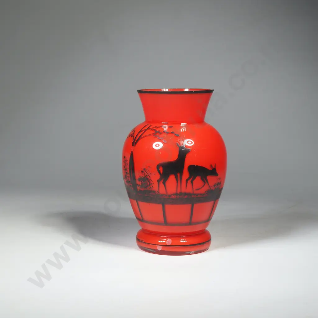 Vintage Czech Red Tango Glass Vase w Deer Decoration ( Circa 1920s) Image 1++