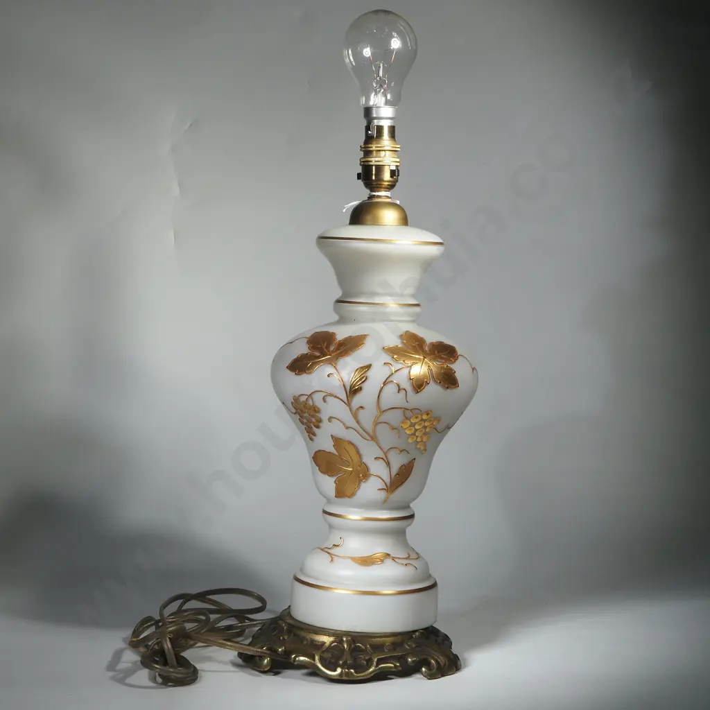 Vintage White Satin Bavarian Bristol  Glass Lamp w Raised Gold Grapes & Leaves  Decoration on a Brass Base Image 1++