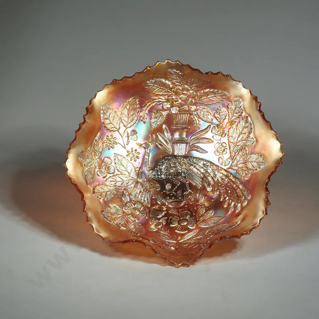 Fenton Marigold Carnival Glass Ruffled  Bowl Featuring the Peacock & Urn Pattern Image 1++