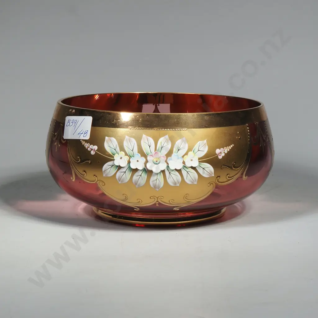 Vintage Bohemian Gilded & Enameled Cranberry Glass Bowl Image 1++
