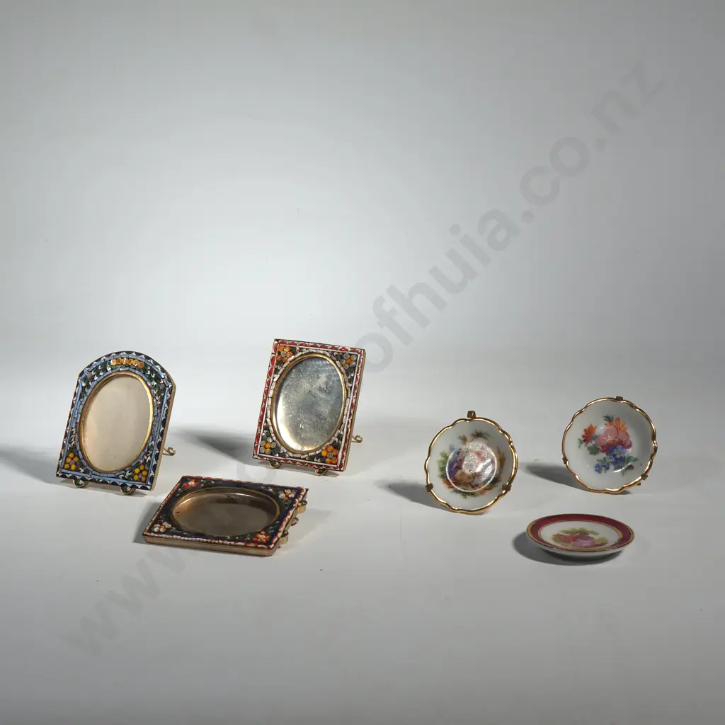 3 x  Small Italian Micro-mosaic Picture frames, w 3 x Tiny Limoge Plates Image 1++