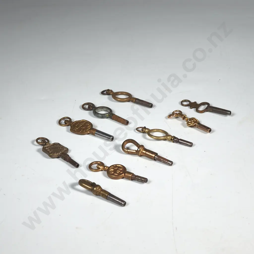 Ten Small Pocket Watch Keys including one Marked 'Howden Hamilton' & one 'Fraser Timaru'  Jewellers Image 1++
