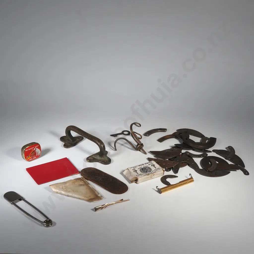 Collection of Items Including His Master's Voice Needle Case, Hooks, Shoe Irons, Tie Clip in the Form of a Rifle Image 1++