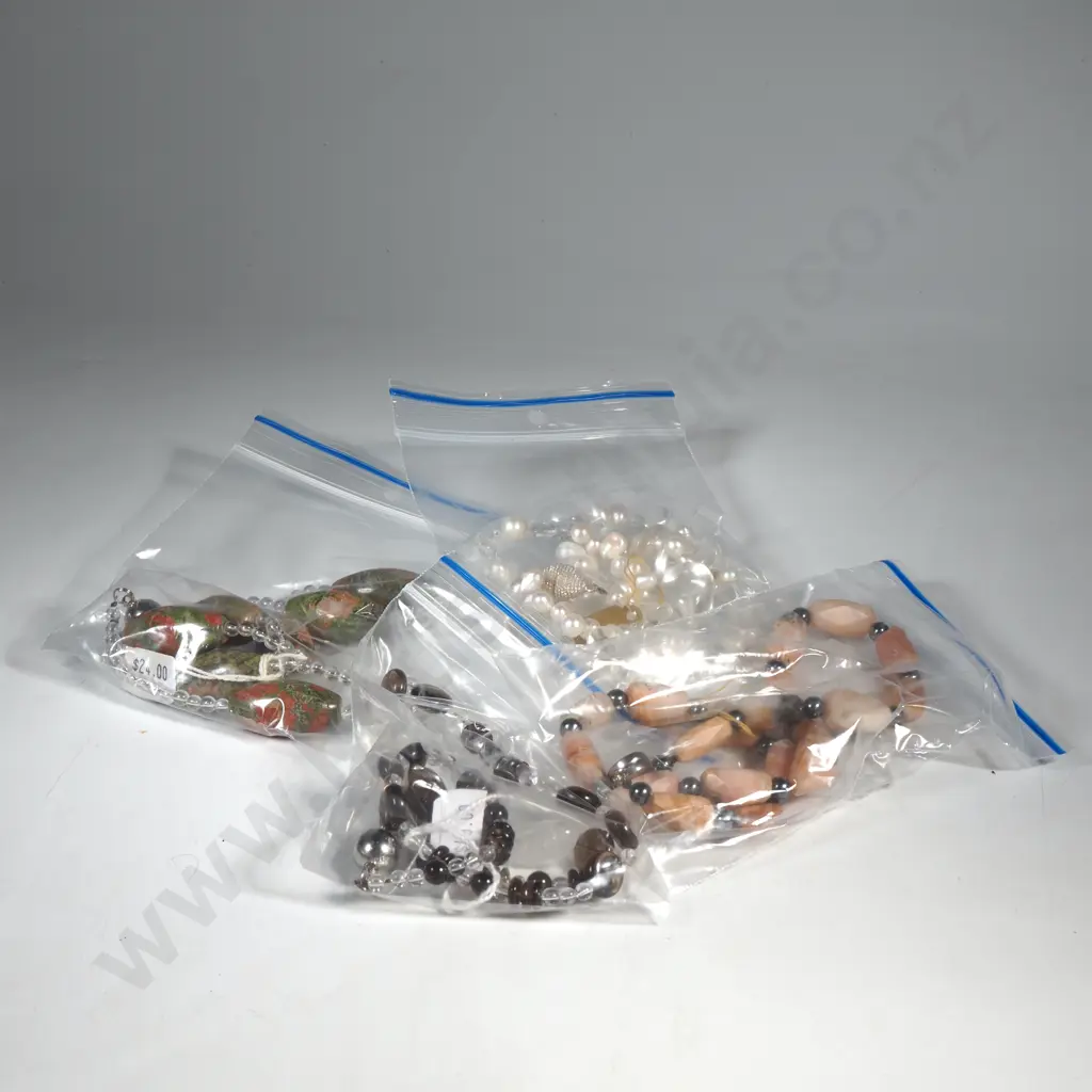 Four Various Bead Necklace w Clasps including Hermatite, Rhodonite, Pearl Image 1++