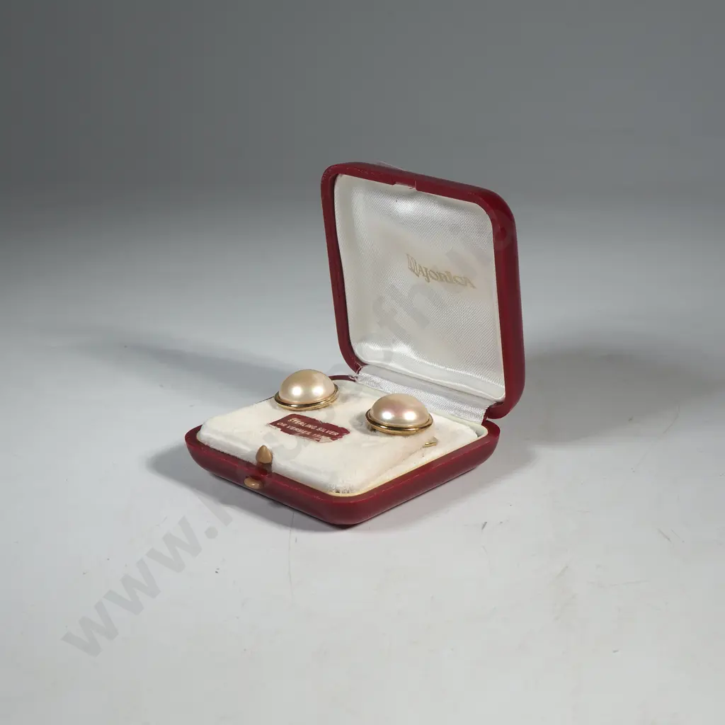 Boxed Sterling Silver  Gilt Half Round Clip-On Pearl Earrings Image 1++