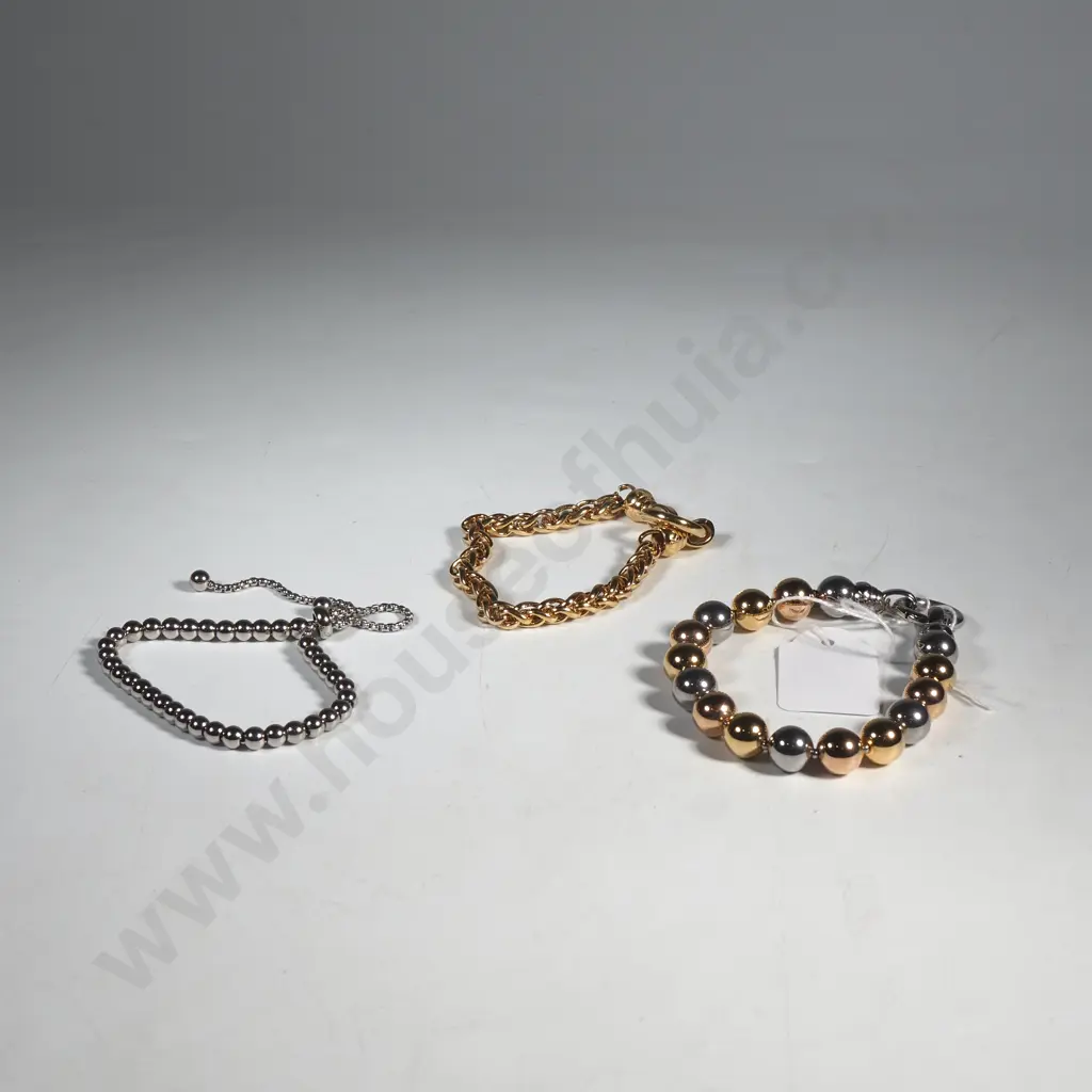 Three Kagi Bracelets - Gold Tone Wheat Link Bracelet, Three Tone Bead Bracelet & an Adjustable Bead Bracelet Image 1++