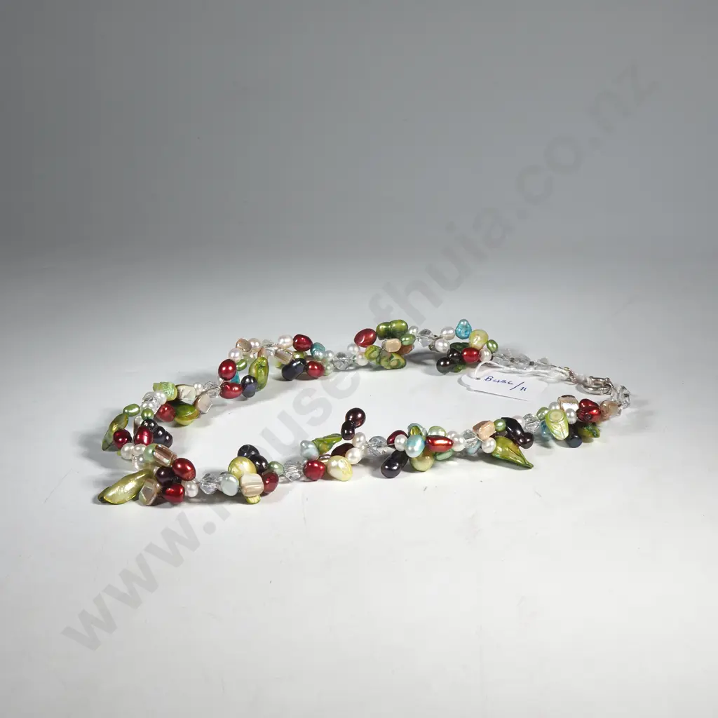 Tosade Necklace w Freshwater Pearls in Various Shapes & Colours w Interspersed Crystal Beads w Sterling Silver Clasp Image 1++