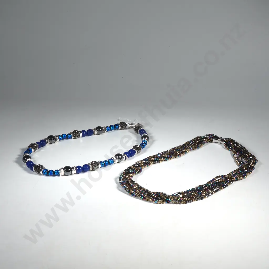 Kagi Necklace w Blue Glass , blue Gemstones, Haemetite & Sparkling Crystal Balls & Multi Strand Iridescent Glass Beads Image 1++