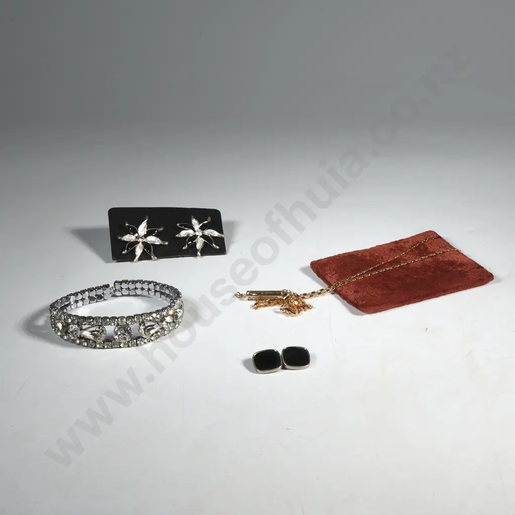 Pair of Costume Vintage Earring, AaPendant set w White Stones & a Rhinestone Cuff Bracelet Image 1++