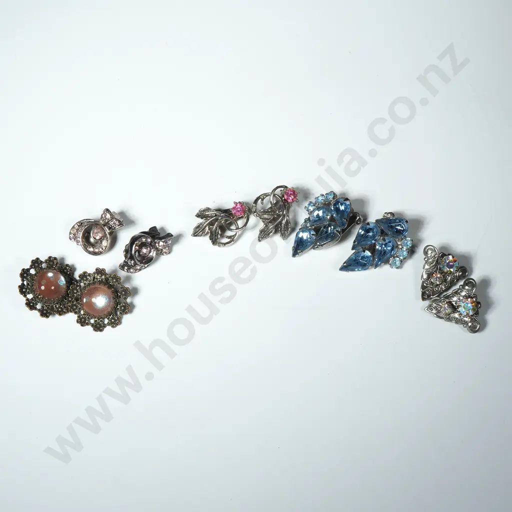 Four Silver Tone Costume Jewellery Clip On Earrings w Coloured Glass Image 1++