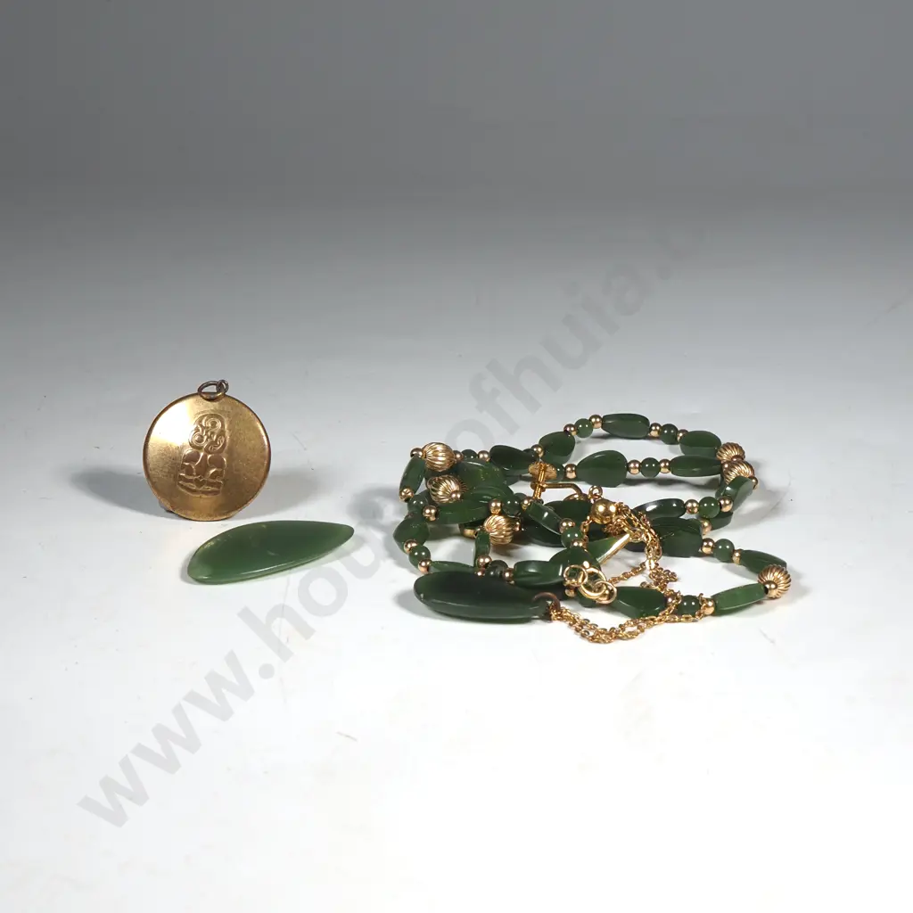 Quantity of Costume NZ Greenstone & Gold Tone Jewellery & a Vintage Brass Pendant w Hei Tiki Symbol Image 1++