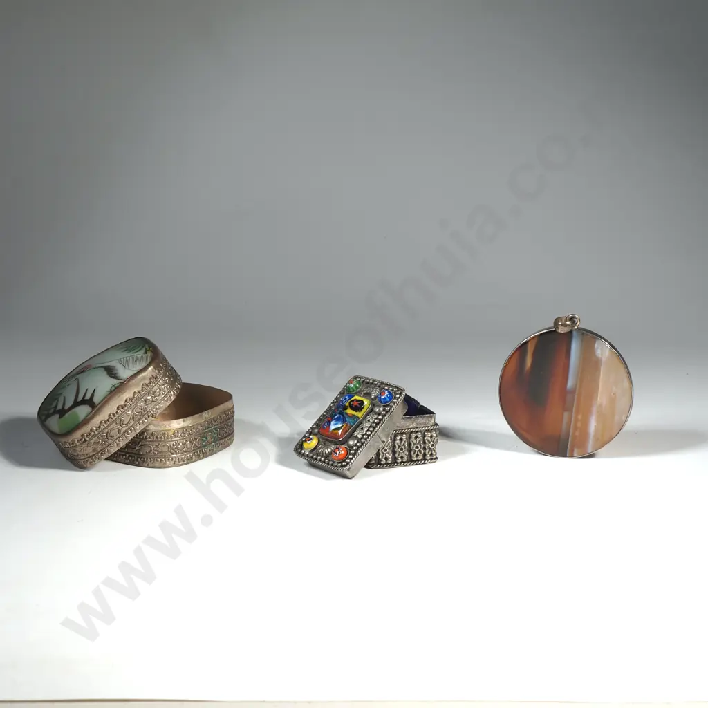 2 x Metal Trinket Boxes w Inlay & Agate Pendant Image 1++