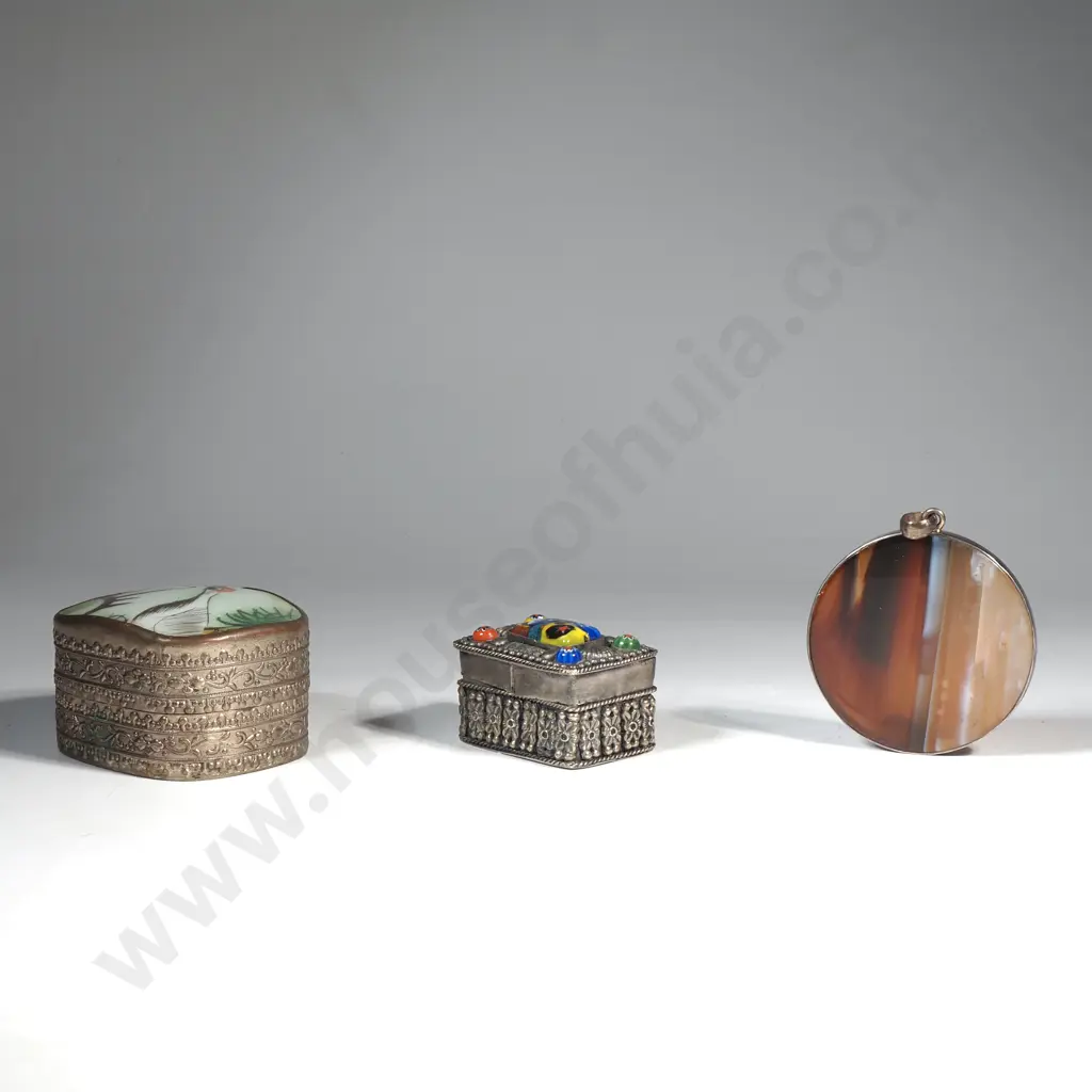 2 x Metal Trinket Boxes w Inlay & Agate Pendant Image 1++