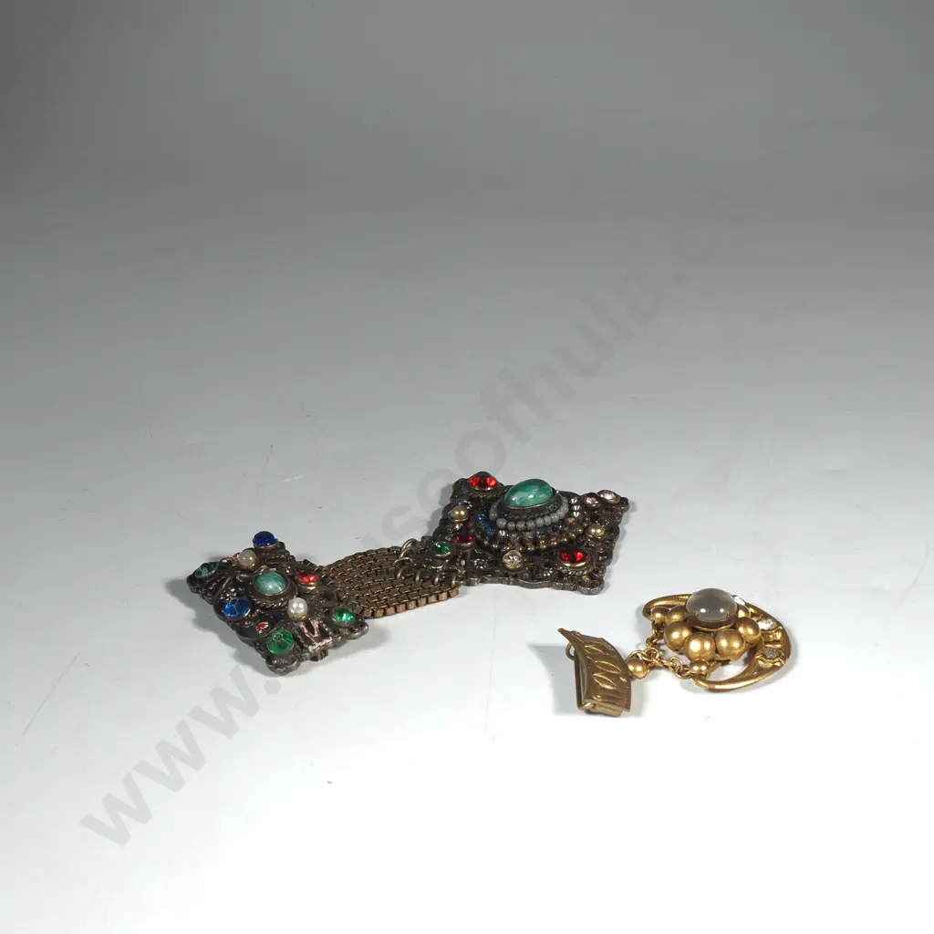 Two Ornate Brooches - One Art Nouveau Style Brooch & an  Austro -Hungarian Revival Medallion Dangle Brooch w Stones Image 1++