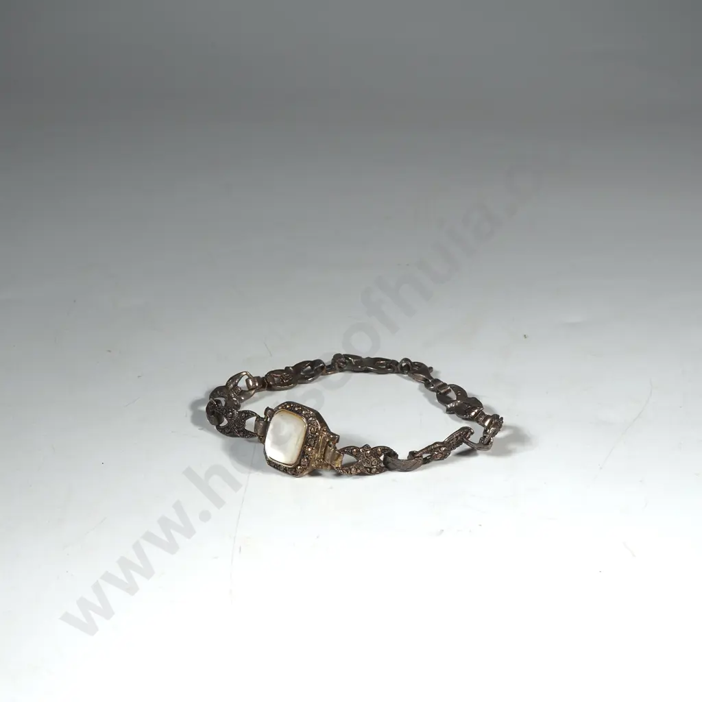 Vintage Sterling Silver, Marcasite  Bracelet Set w Mother of Pearl Image 1++