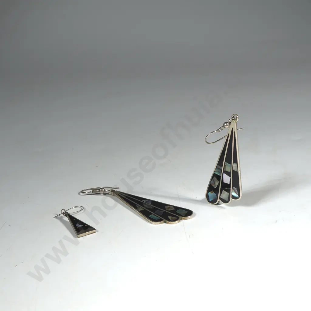 Two Pairs of Mexican Sterling Silver, Enamel & Abalone Shell Pendant Earrings Image 1++